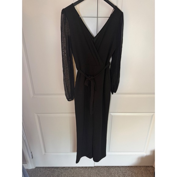 Moa Moa Pants - Moa Moa Black Wrap V-Neck Jumpsuit with Sheer Mesh Long Sleeves Large